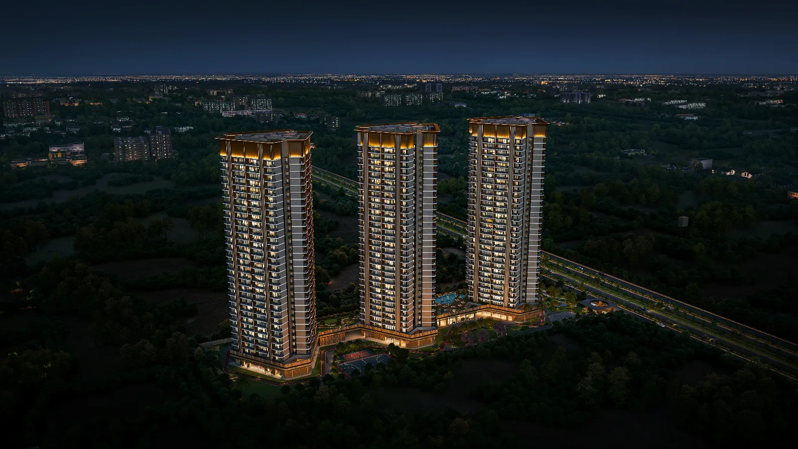 Leafsong Retreat by Hero Homes in Sector MU, Greater Noida - Night Aerial — developer illustration